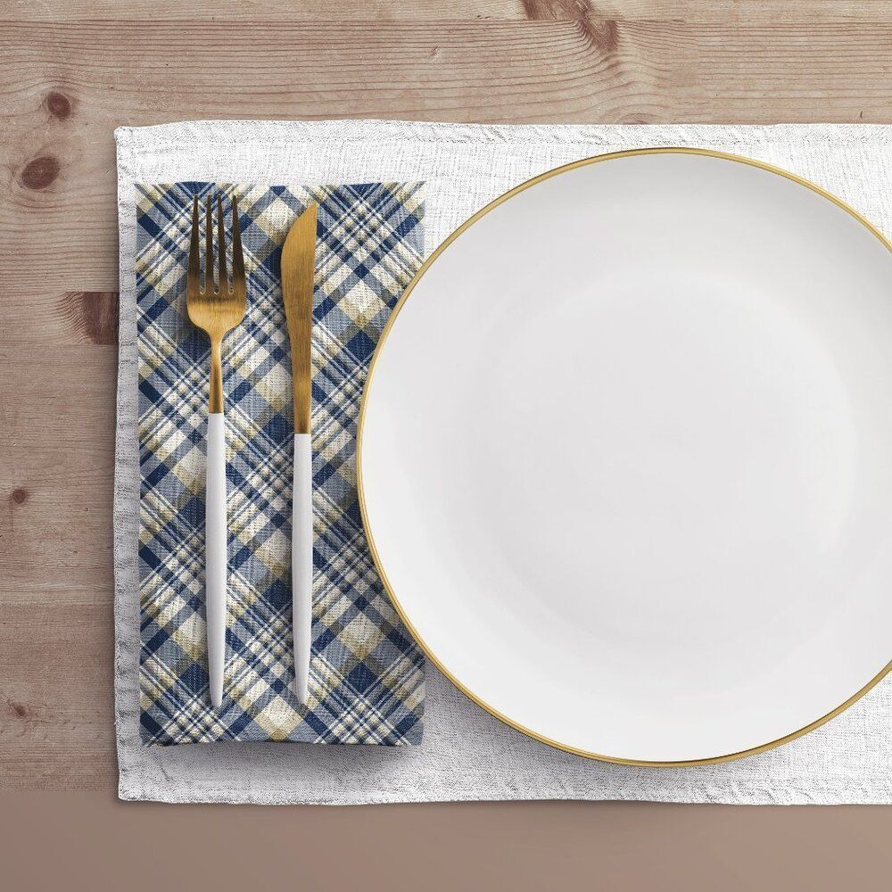 NWT Porter Anna- Navy & Gold Cotton Napkin 4-set, Tartan